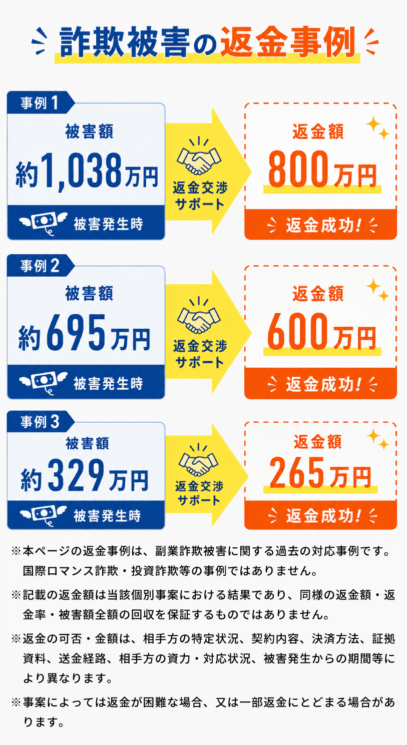 副業詐欺被害の返金事例一覧。被害額1038万円に対して800万円返金、695万円に対して600万円返金、329万円に対して265万円返金した実績を紹介