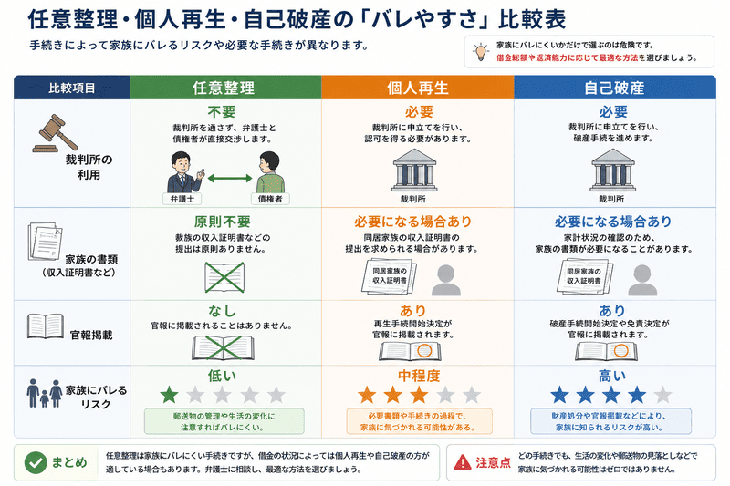 個人再生・自己破産は家族にバレやすい｜任意整理との違い